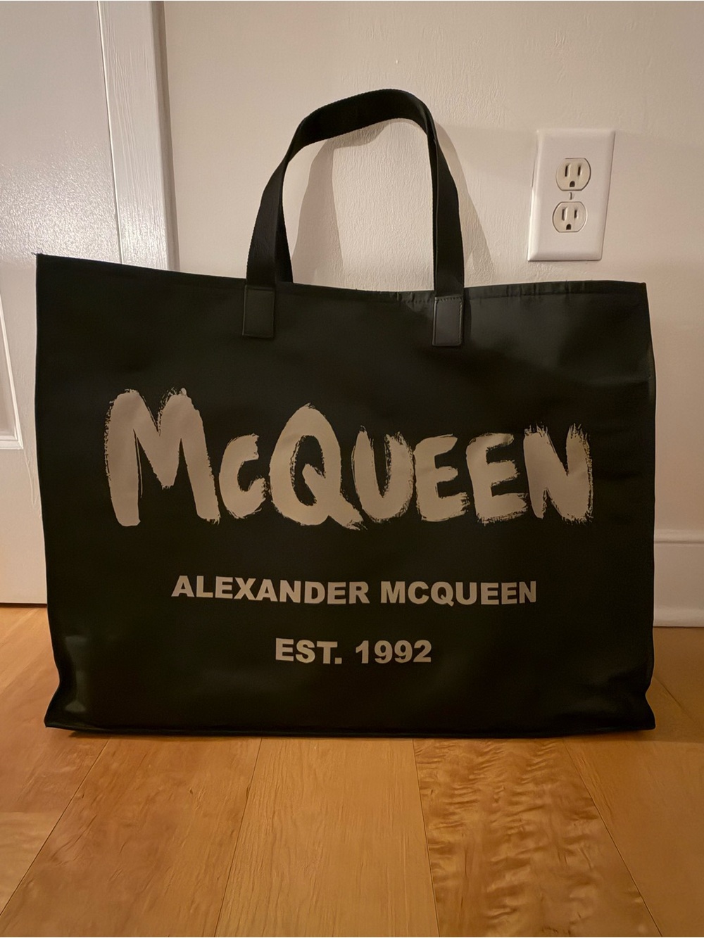 Alexander McQueen Black Tote with Beige Logo Print